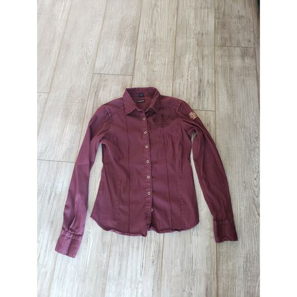 EUC Napapijri Maroon Logo Collared Button Down Cotton Blend Norway Flag Sz S - Picture 3 of 5
